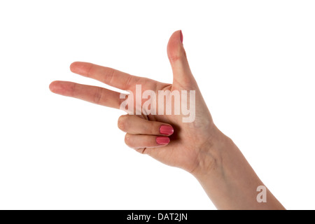 Mano femminile che mostra tre dita isolato su sfondo bianco Foto Stock