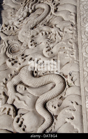 Cina, Pechino, Città Proibita. Palazzo degli Imperatori dalle dinastie Ming e Qing. Dettaglio del marmo dragon carving. Foto Stock