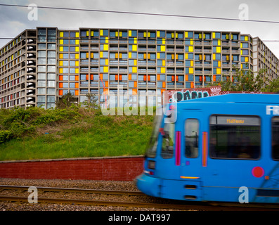 Dettaglio del Park Hill appartamenti Sheffield England Regno Unito un edificio inaugurato nel 1961 e sottoposta a lavori di ristrutturazione da Urban Splash Foto Stock