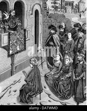 Giudaismo, persecuzione degli ebrei, espulsione dell'ebreo da Gerusalemme da parte dell'imperatore Adriano, 135 d.C., dopo la miniatura di 'Histoire des impereurs', 15 ° secolo, incisione del legno, 19 ° secolo, diritti aggiuntivi-clearences-non disponibile Foto Stock