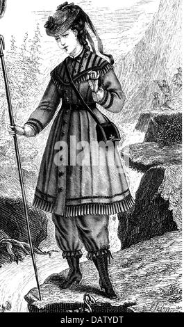 tempo libero, alpinismo, vestito di donna alpinista, disegno, seconda metà del xix secolo, xix secolo, grafica, grafica, alpinismo, alpinista, lunghezza intera, in piedi, monte, vetta, cime, montagne, montagna, ruscello, moda, vestiti, abiti, abiti, vestito di donna, costume, costumi, cappello, cappelli, guanti, canna, bastone da trekking, borsa a spalla, borse, stivali, moda, caviglia, stivali Storico, storico, femminile, donna, persone, donne, diritti aggiuntivi-clearences-non disponibile Foto Stock
