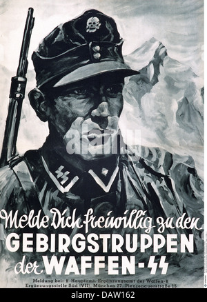 Nazional socialismo / nazismo, organizzazioni, SS (Schutzstaffel), Waffen-SS, poster di reclutamento 'Volontario per le truppe di montagna SS', Monaco, Germania, circa 1942, diritti aggiuntivi-clearences-non disponibili Foto Stock