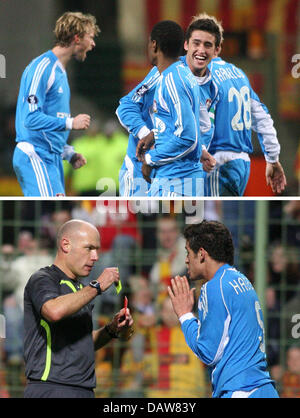 La foto mostra combo Karim Haggui prima celebrando la sua 1-1 (superiore) e quindi ricevere il giallo-rosso della carta dopo un ripetuto fallo giocare da arbitro Howard Webb (L, fondo) durante la UEFA CUP MATCH RC Lens vs Bayer 04 Leverkusen a Félix-Bollaert Stadium di lente, Francia, giovedì 08 marzo 2007. Leverkusen perso alla lente da 1-2. Foto: Felix Heyder Foto Stock