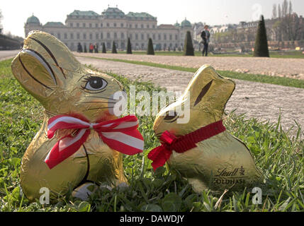 Il sistema brevettato di cioccolato coniglietto di pasqua da Lindt (R) e il contestato cioccolato coniglietto di pasqua da Hauswirth (L) nella foto a Vienna, Austria, Martedì, 03 aprile 2007. Ancora nessun fine è in vista nella disputa sui conigli pasquali. Un ingiunzione interlocutoria emessa nel 2004 cessato la produzione del cioccolato Hauswirth bunny ma due autorità giudiziarie non è giunta a una decisione ancora. Foto Stock