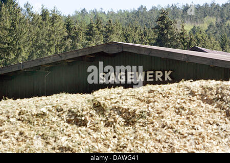 La foto mostra la segheria Monnheimer in Grasellenbach, Germania, 16 aprile 2007. Oltre a biogas lo Stato federale tedesco di Hesse si focalizza su legno nei suoi sforzi per aumentare l'utilizzo delle fonti di energia rinnovabili. Ogni anno di Hesse boschi forniscono per 9,4 milioni di metri cubi di legname, solo 7,5 dei quali sono attualmente in uso. Foto: Frank può Foto Stock