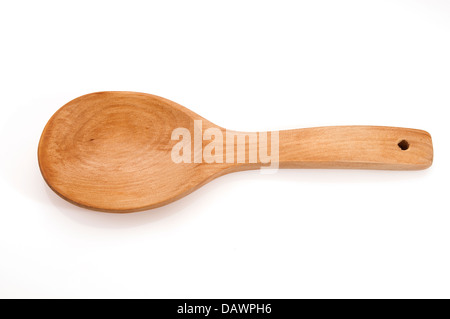 Cucchiaio di legno isolato su bianco Foto Stock