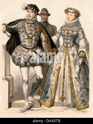 Il re di Francia Carlo IX e di sua moglie Elisabetta di Austria, 1500s. Colorate a mano la stampa Foto Stock