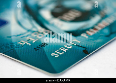 Banca di Credito card macro contro uno sfondo bianco Foto Stock