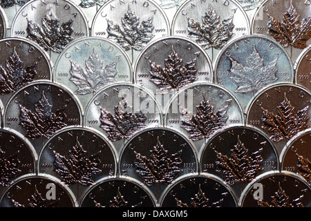 Molti silver bullion monete dal Canada, .9999 in pura oncia troy di argento Canadian Maple Leaf investment grade precedente denaro in metallo Foto Stock