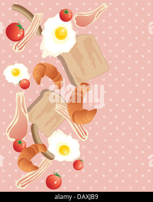 Una illustrazione di una varietà di cibi colazione inclusi uova pancetta salsiccia croissant e pomodori su un sfondo dotty Foto Stock