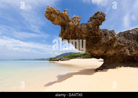 Calcare insolita formazione di roccia sulla spiaggia al tramonto, Ishigaki Island, Prefettura di Okinawa, in Giappone. Foto Stock