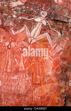Arte rupestre degli Aborigeni a Nourlangie, Parco Nazionale Kakadu, Territorio del Nord, l'Australia Foto Stock