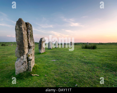 Serata a La Pietra Hurlers Cirlce a Minion vicino a Liskeard in Bodmin Moor in Cornovaglia Foto Stock