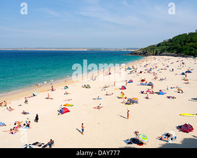 Spiaggia di Porthminster in St Ives, Cornwall Inghilterra. Cornish popolare spiaggia di sabbia in una giornata d'estate. Foto Stock