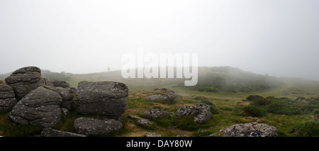 Early Morning mist su un granito tor vicino a Chagford, Parco Nazionale di Dartmoor Foto Stock