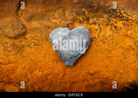 Forma di cuore pebble su roccia arenaria colorata da depositi di ferro da una metropolitana fonte di acqua Foto Stock