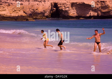 Alette idilliaca spiaggia è situato appena al di fuori della nuova strada Qurayat-Sur (una strada a doppia carreggiata) nei pressi del villaggio di Tiwi, Oman Foto Stock