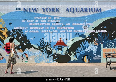 Donna di ispezionare un murale fuori il New York Acquario sul lungomare di Coney Island, Brooklyn, New York Foto Stock