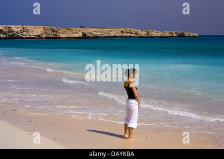 Alette idilliaca spiaggia è situato appena al di fuori della nuova strada Qurayat-Sur (una strada a doppia carreggiata) nei pressi del villaggio di Tiwi, Oman Foto Stock