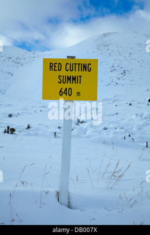 Rosso Vertice di taglio sul 'Pigroot' (autostrada statale 85) in inverno, Otago, Isola del Sud, Nuova Zelanda Foto Stock