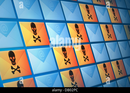 Concettuale, muro continuo dei messaggi di posta elettronica. Di sicuro le email sono mescolati con i messaggi di posta elettronica infetti da virus elettronici Foto Stock