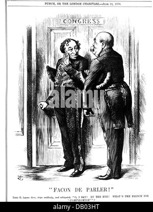 Politica, conferenze, Congresso di Berlino 13.6. - 13.7.1878, il primo ministro britannico Benjamin Disraeli e il cancelliere tedesco otto von Bismarck, 'Facon de parler', incisione del legno, 'Punch', Londra, 22.6.1878, diritti aggiuntivi-clearences-non disponibili Foto Stock