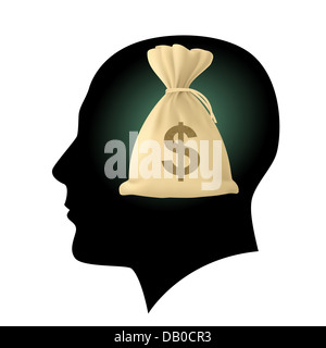 Silhouette di testa umana con borsa di denaro. Illustrazione su bianco Foto Stock