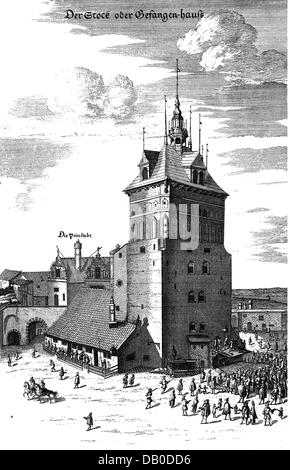 Geografia / viaggi, Polonia, Gdansk (Danzica), edifici, prigione, pubblica rizzatura, incisione su rame, tardo XVII secolo, dolore house, torre, torri, edificio, giustizia, sistema penitenziario, gioco, rizzatura, flog, la fustigazione, persone, regno di Polonia, Europa, Europa centrale e storica, storica, artista del diritto d'autore non deve essere cancellata Foto Stock