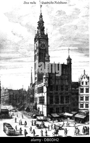 Geografia / viaggi, Polonia, Gdansk (Danzica), edificio Rechtstadt City Hall, vista esterna, incisione su legno, 'Der Stadt Danzig historische Beschreibung' da Reinhold Curicke, seconda metà del XVII secolo , artista del diritto d'autore non deve essere cancellata Foto Stock