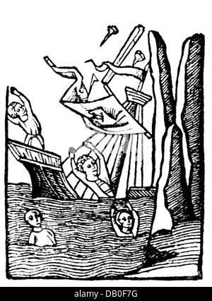 Letteratura, leggende, una nave sbatte sulla montagna magnetica in artico, taglio di legno, 'Hortus sanitatis', 1485, Additional-Rights-clearences-not available Foto Stock