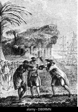 La schiavitù e la tratta degli schiavi, mercato di schiavi nei Caraibi, incisione su rame dalla Eisen, XVIII secolo, colorata, schiavi, commercio, vendita, slave trader, mercanti di schiavi, commerciante, mercanti, West Indies, la tratta di esseri umani la tratta di esseri umani, l'acquirente, acquirenti tra uomini, l'uomo, storico, storico, artista del diritto d'autore non deve essere cancellata Foto Stock