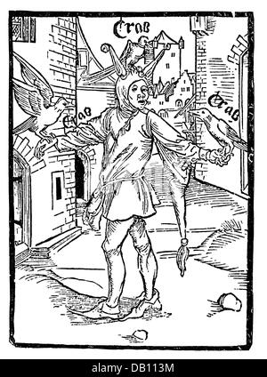 Persone, professione, Jester, a piena lunghezza e con tre corvi, xilografia, da Albrecht Dürer (1471 - 1528), da: Johann Geiler von Kaysersberg, 'Navicula sive speculum fatuorum', Strasburgo, 16.1.1511, artista del diritto d'autore non deve essere cancellata Foto Stock