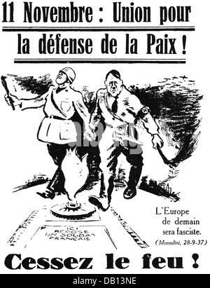Politica, movimento di pace, caricatura al giorno dell'armistizio, 11.11.1937, Benito Mussolini e Adolf Hitler come arsonisti, disegno, Francia, 1937, arsonista, fuoco, torcia, flambeau, torce, flambeaux, torce, flambeaux, fascismo, nazional socialismo, pace, pericolo, pericoli, Europa, anni trenta, XX secolo, storico, diritti storici, non disponibili, altri Foto Stock