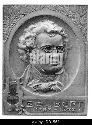 Schubert, Franz, 31.1.1797 - 19.11.1828, compositore austriaco, ritratto, badge, Stuttgarter Metallwarenfabrik Mayer & Wilhelm, famosa serie maschile, Stoccarda, circa 1900, Foto Stock