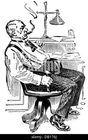 Morgan, John Pierpont Sr., 17.4.1837 - 31.3.1913, banchiere e uomo d'affari americani, a tutta lunghezza, nel suo ufficio a New York, incisione in legno, 1894, Foto Stock