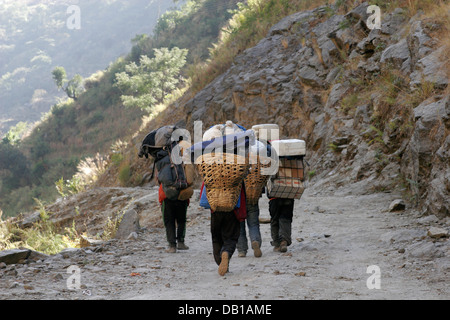 I facchini che trasportano carichi pesanti sul sentiero in Annapurna Area di Conservazione, Circuito di Annapurna, Nepal Foto Stock