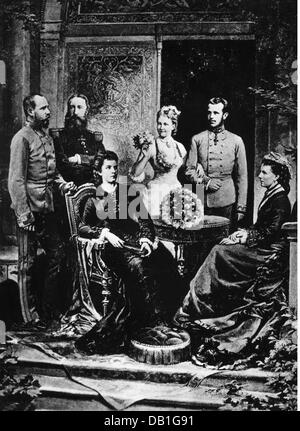 Rudolf, 21.8.1858 - 30.1.1889, Principe ereditario di Austria-Ungheria, con moglie Stephanie, genitori imperatore Francesco Giuseppe i ed imperatrice Elisabetta, genitre Leopoldo II del Belgio e Regina Maria Henriette, 1881, fotografia composita, Foto Stock