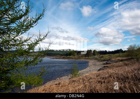 Vista di Clatteringshaws Loch, adagiato tra il Galloway Forest park, Dumfries and Galloway, Scozia. Foto Stock