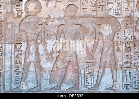 Antica geroglifico egizio carving in Medinet Habu tempio di Luxor Foto Stock