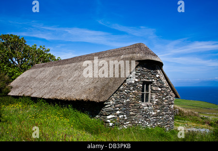 Sito storico del XIX secolo con tetto di paglia di carestia cottage con il tetto di paglia, Fahan, penisola di Dingle, co. Contea di Kerry, Irlanda, Europa, carestia irlandese Foto Stock