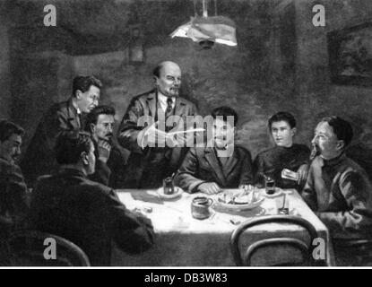 Lenin (Vladimir Ilyich Ulyanov), 22.4.1870 - 21.1.1924, politico russo, a metà lunghezza, dopo il suo ritorno dalla Finlandia con il Comitato Centrale del partito comunista, con Joseph Stalin, San Pietroburgo, 23.10.1917, dipinto di Sergei Lupov (1893 - 1977), 20th secolo, Foto Stock