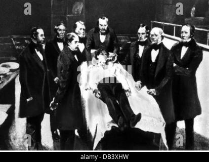 Morton, William Thomas Green, 9.8.1819 - 15.7.1868, dentista americano, pioniere dell'anestesia, mezza lunghezza, con Henry J. Bigelow, John Collins Warren, Samuel Parkman, S.T.Townsend, Georgian Hayward, anestesia generale 1st prima della chirurgia, General Hospital, Boston, immagine contemporanea, Foto Stock