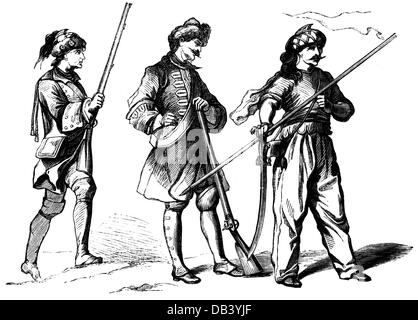 Militare, Francia, soldati, dragoon e ballerino dei Volontaires de Saxe, granadier, circa 1750, incisione del legno, circa 1870, soldati, soldato, fanteria, cavalleria, armi, armi, armi, armi, armi, fucile, fucili, fucili, armi, sciabola, lancia, balli, uniforme, uniformi, armi, armi, forze storiche, non disponibili Foto Stock