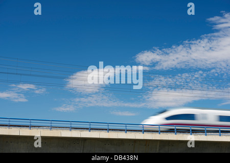 Vista di un treno ad alta velocità attraversando un viadotto a El Burgo de Ebro, Saragozza, Aragona, Spagna. AVE Madrid Barcellona Foto Stock