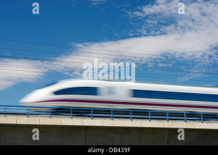 Vista di un treno ad alta velocità attraversando un viadotto a El Burgo de Ebro, Saragozza, Aragona, Spagna. AVE Madrid Barcellona Foto Stock