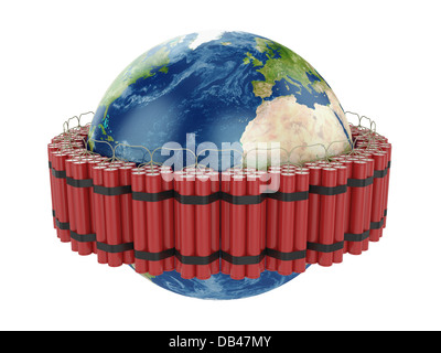 3D render del pianeta terra circondata da dynamites Foto Stock