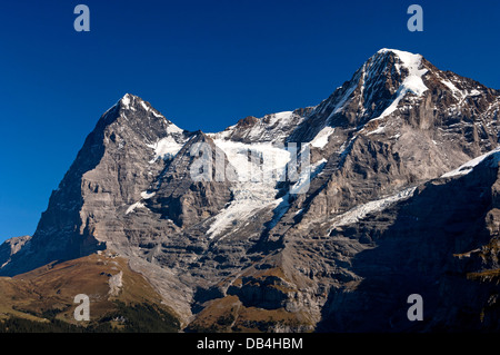 Vette Eiger e Moench e glacier Eigergletscher, Muerren, Oberland bernese, Svizzera Foto Stock