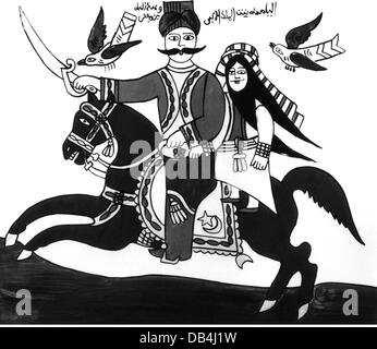 Letteratura, Arabia, epic 'Futuh Ifriqiya' (conquista del Nord Africa), Abdallah ibn Jafar in fuga con la principessa Amina, invertire la pittura su vetro da Athimni, Tunisi, 1996, artista del diritto d'autore non deve essere cancellata Foto Stock