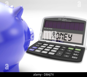 Calcolatrice di denaro mostra i risparmi in contanti e ricchezza Foto Stock