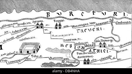 Cartografia, mappa, Germania, Renania con Neumagen, Colonia e Bonn, Tabula Peutingeriana, fine XII secolo, dettaglio, incisione del legno, XIX secolo, roadmap, roadmap, mappe stradali, strade romane, rete stradale, sistema stradale, trasporto, strada, strade, fiume, fiumi, Reno, Mosella, città, Impero Romano, mondo antico, tempi antichi, Europa centrale, cartografia, Stampa di mappe, mappe, mappe, dettagli, dettagli, storico, storico, mondo antico, Medioevo, diritti aggiuntivi-clearences-non disponibile Foto Stock